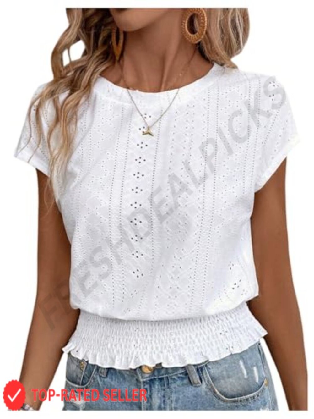 Boho Eyelet Embroidered Blouse Smocked Cinched Waist Top